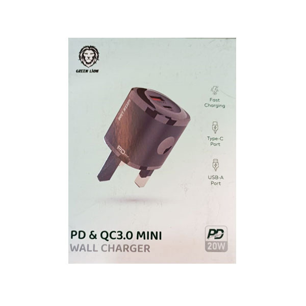 Green Lion PD+QC3.0 Mini Wall Charger, Black Color, UK Type, Model No. GL-WC09