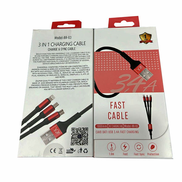 OEM 3 in 1 Nylon Braided Multiple USB Fast Charging Cable Port Connectors, 3.4A, Black & Red Color, 1m, Model No. RR-63