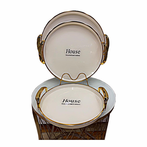 Jisader Elegant Decorative Serving Round Tray white Color with Golden Colored Steel Handles & Finishings - House Household and A esthetic Imprinted Logo