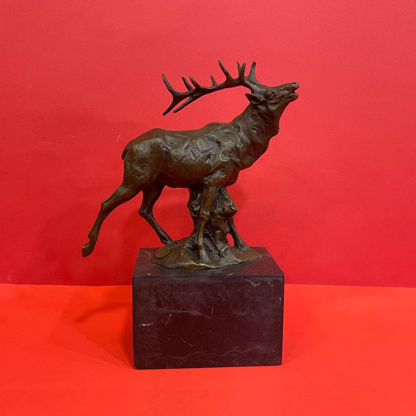 Bronze Sculpture Representing a Deer with Marble Base