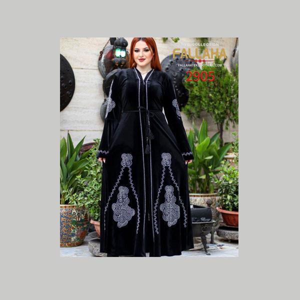 Fallaha New Collection Single Black Color Abaya with Black Beads Belt & Gray Embroidered Spiral - Round Shape Designs on 2 Sleeves & Abaya's Bottom Model No. 2905