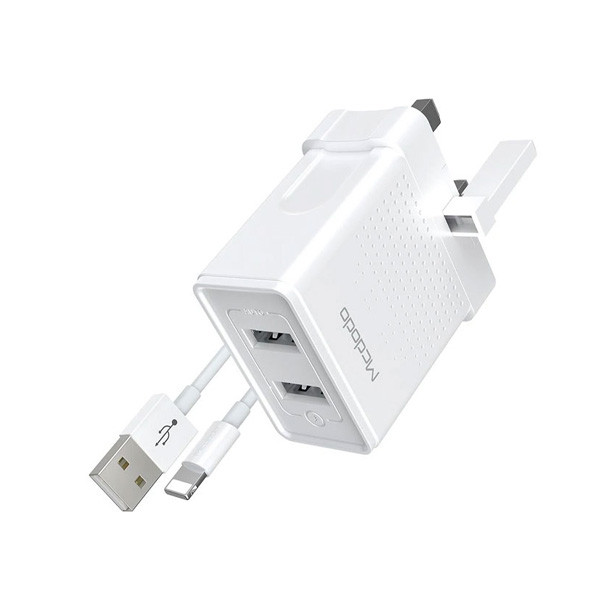 Mcdodo Dual USB Charger (UK) + 1m Lightning Cable Travel Set, 2.4A, White Color, Model No. HCH-5720
