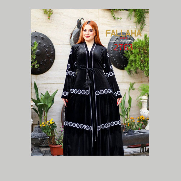 Fallaha New Collection Single Black Color Abaya with Black Beads Belt & Gray Embroidered Small Round Designs on Sleeves, Shoulders & Abaya's Middle - Bottom Model No. 2763
