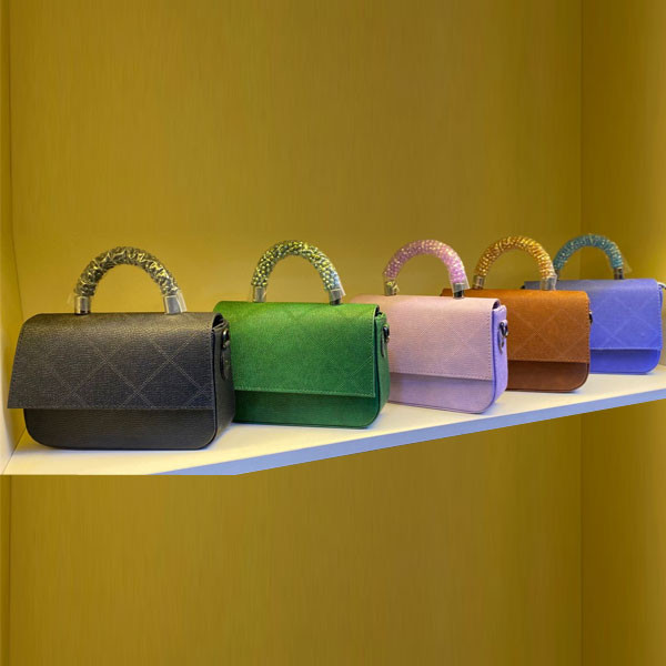 Mini Synthetic Leather Single-Tone with X Designs Women Handbag, Multicolor Metallic Handle in Various Colors