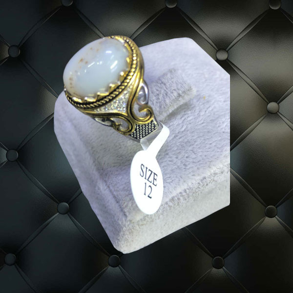 Italian Hand Made Silver Rings, Decorated with Big Natural Stone & Elegant Side Designs, 12 Size, for Men