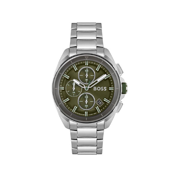 Hugo Boss Volane Collection Chronograph Quartz Analog Green Dial Men's Watch Silver Stainless Steel Bracelet Model No. 1513951