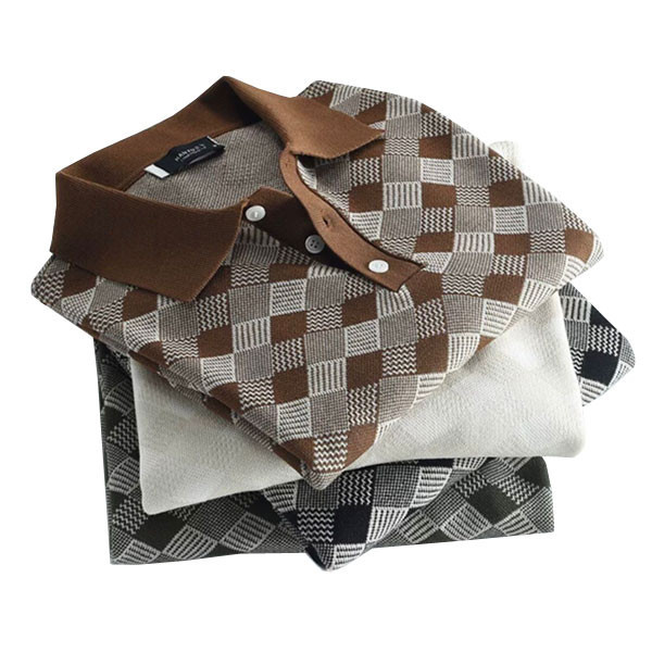Annual Ring Vintage Elegant Short Sleeves Double Color Polos for Men in White, Brown & Gray Rhomboid Shape Designs & Colors