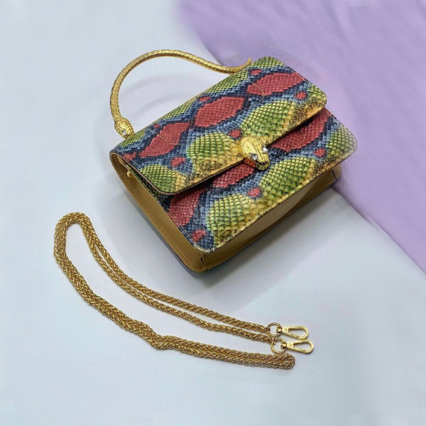 No Name Hand Bag for Women, Golden Snake Colored Designed with Snake Head Clasp - Golden Steel Handle & Shoulder Chain