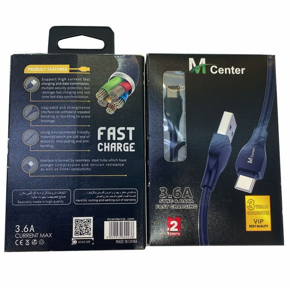 M Center 3.6A Sync & Data Fast Charging Cable for iPhone, Connector type: USB Type-C, USB Type-A, 2m, Blue Color