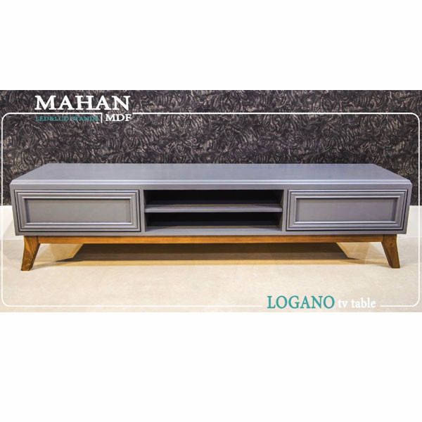 Mahan Logano TV Table from MDF, 180cm width, Gray Color Rectangular Shape with 2 Corner Drawers & 2 Shelves in the Middle