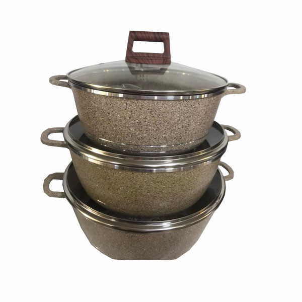 Aluminium Die-Casting Cookware 6pcs Set in Dull Yellowish-Green Color with Aluminium Side Handles & Handle of Glass Cover