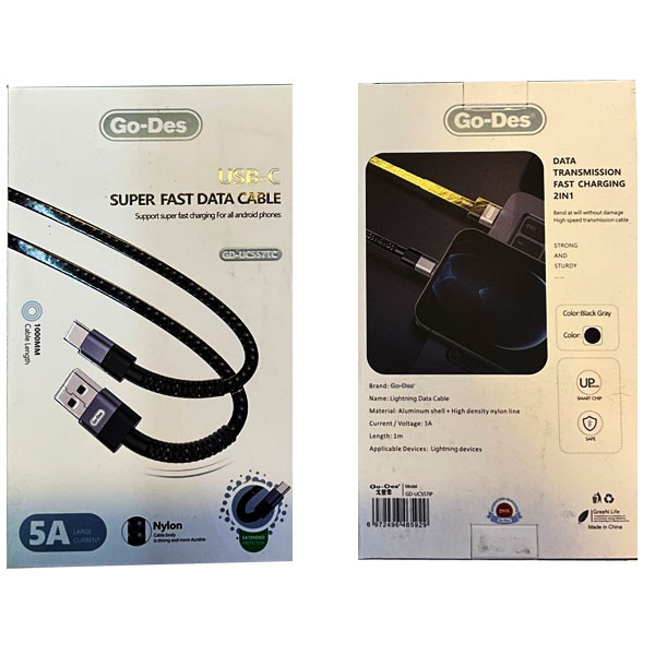 Go-Des USB-C 2in1 Super Fast Data Cable, 5A, 1m, Black Color Model No. GD-UC55Y7TC