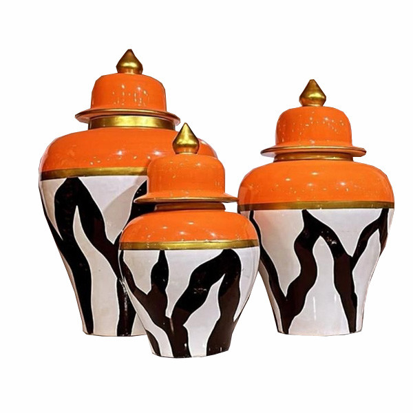Royal Classic Chinese Set of 3 Ceramic Decorative Vases in 3 Different Sizes, Colored White, Black & Orange, with Golden Colored Lids & Lines