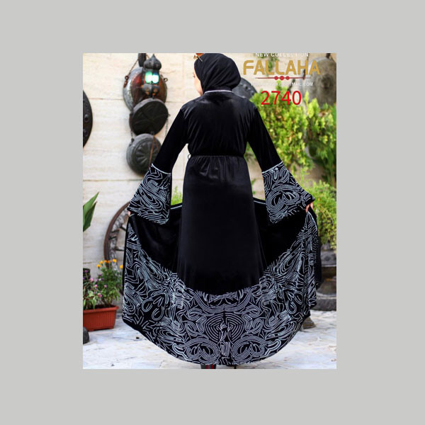 Fallaha New Collection Single Black Color Abaya with Black Fabric Belt & Gray Embroidered Line-Shape Designs on Sleeves & Abaya's Bottom - Edges Model No. 2740
