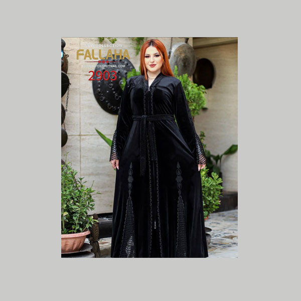 Fallaha New Collection Single Black Color Abaya with Black Fabric Belt & Gray Embroidered Designs on Sleeves & Abaya's Bottom - Edges Model No. 2903