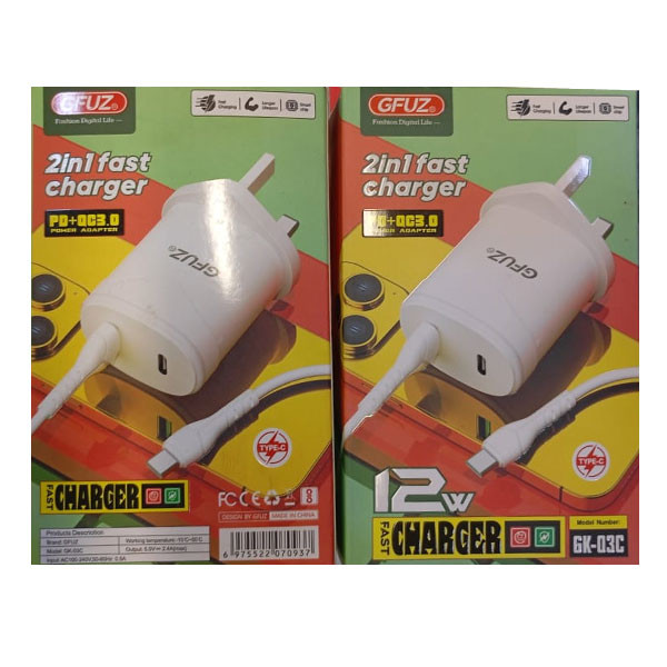GFUZ 2in1 Fast Charger Adapter PD+QC3.0, UK Type, Type-C Cable, White, Model No. GK-03C