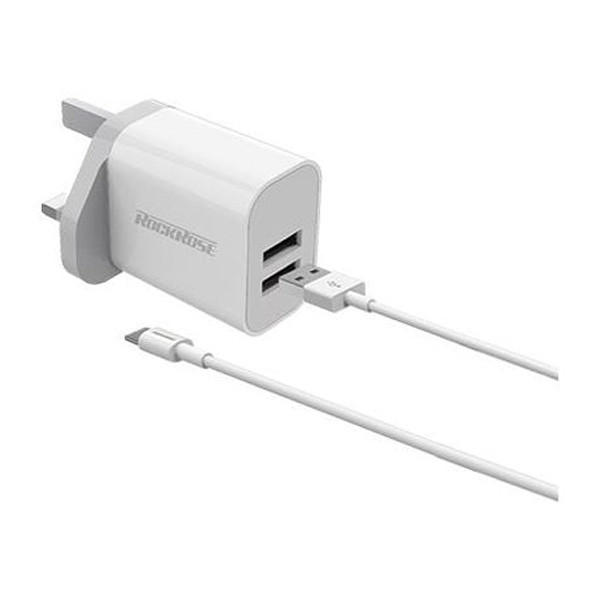 Rockrose 2-Port 2.4A Charger, White Color, Model No. RRTCC02LUK