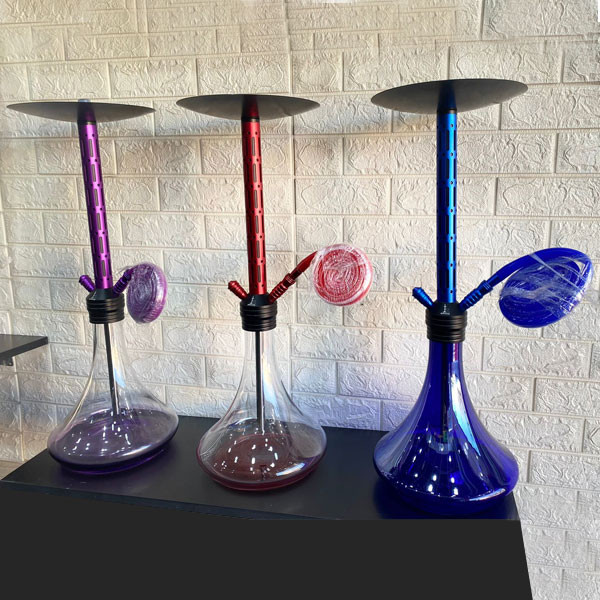 Brand Medium Size Glass Hookahs, with Bottle Base in 3 Colors (Purple, Red & Blue), Metallic Body & Stainless Steel Top