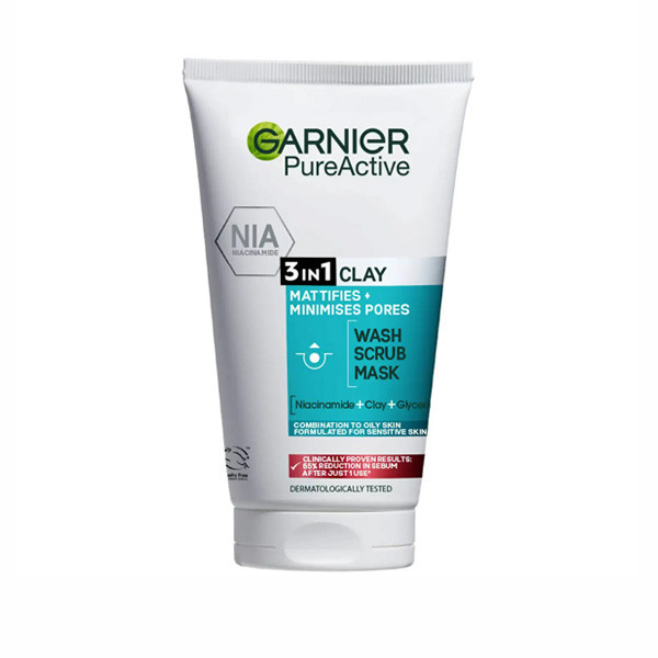 Garnier Pure Active 3-in-1 Clay Wash Scrub Mask Oily Skin, 150ml