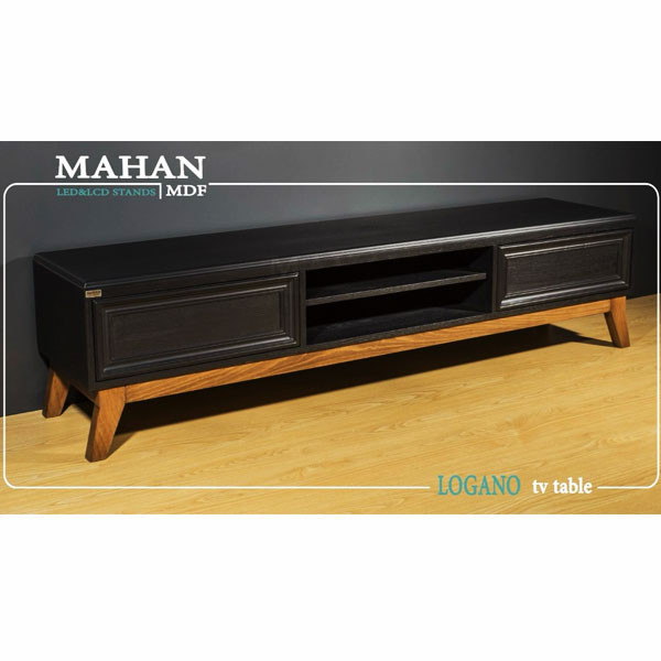 Mahan Logano TV Table from MDF, 180cm width, Black Vegue Color Rectangular Shape with 2 Corner Drawers & 2 Shelves in the Middle