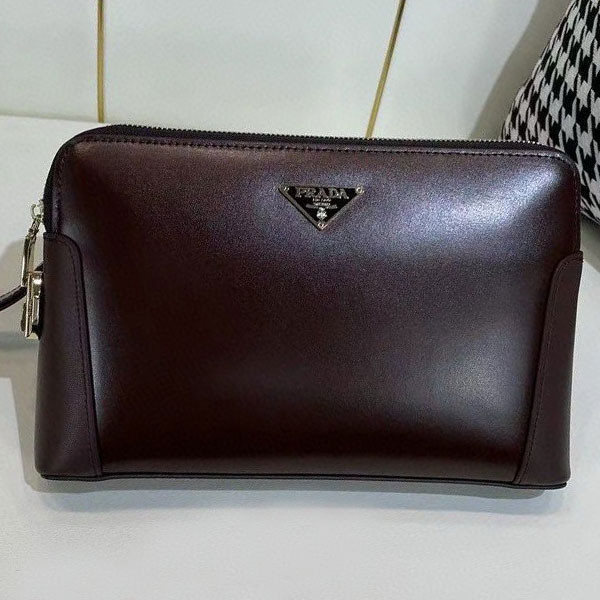 Prada Women Leather Bag with Prada Metallic Imprinted Logo & Reinforced Leather Lining on Both Bag's Sides & Leather Strap in Black & Brown Color