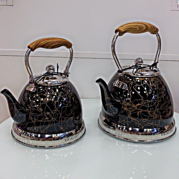 Set of 2 Vicalina Black Colored with Golden Colored Designs Whistling Tea Pots, with Wooden Handle & Stainless Steel Base, 1 & 1.2Lt