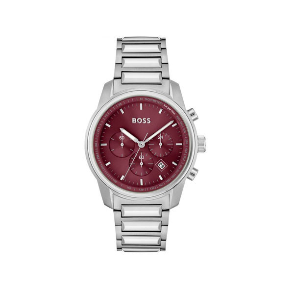 Hugo Boss Trace Collection Chronograph Quartz Analog Red Dial Men's Watch Silver Stainless Steel Bracelet Model No. 1514004