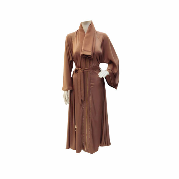 Harzan Gul Single Brown Color Abaya with Fabric Belt & Decorative Golden Fabric Lines in the Sleeves & Abaya's Edges