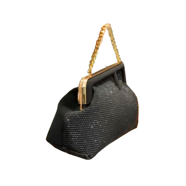 No Name Hand Bag for Women, Black Color with 1side Strass & 2Side Black Leather & Gold Colored Chain
