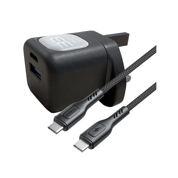 Havit UK Kit Charger 33W with Cable Type-C to Type-C 60W, Black + Gray Color, Model No. UC230UKkit