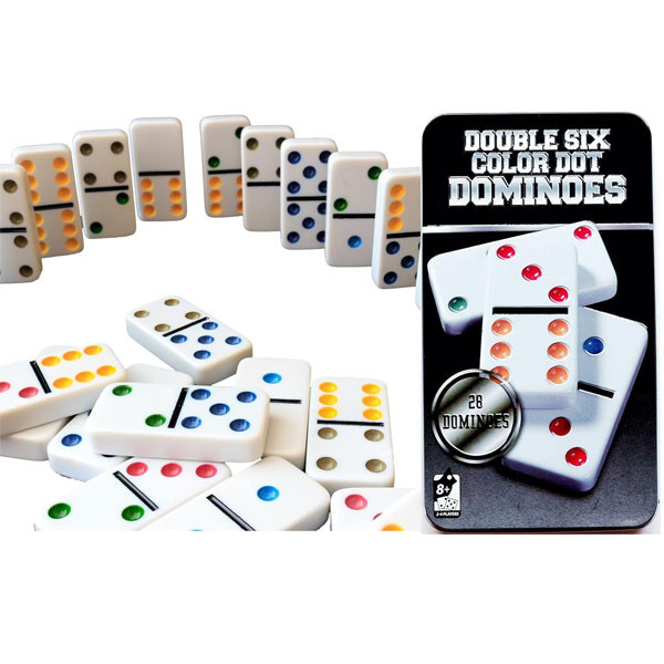 Premium Set of 28 Double Six Color Dot Dominoes Set with Metal Tin Case