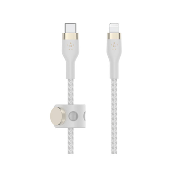 Belkin BoostCharge Braided Silicone Lightning Cable, 24 pin USB-C male to Lightning male, 1m, White Color, Model No. CAA011bt1MWH