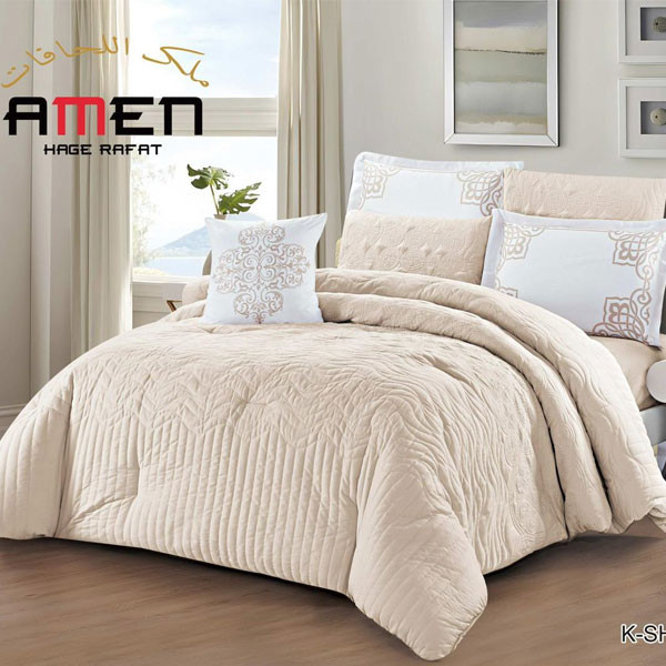 Amen Hage Rafat Set of 7 pieces (Comforter, Filted Sheet, 2 Pillow Cases, 2 Pillow Shams, Cushion) Beige Color, Model No. K-SHINY 01