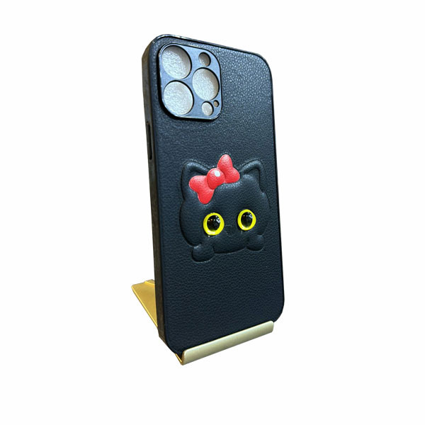 Girl's Leather Phone Case for iPhone 13 Pro Max plus & 12 Pro Max, Black Color, with a Cute Black Kitten with Red Hair Bow & Yellow Eyes