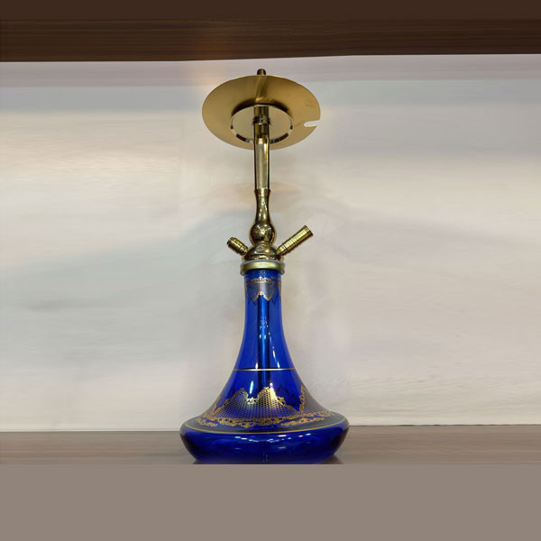 Khateeb Single Hose Hookah with Blue Color Base Bottle Decorated with Golden Color Designs, Golden Color Metallic Body & Round Tray