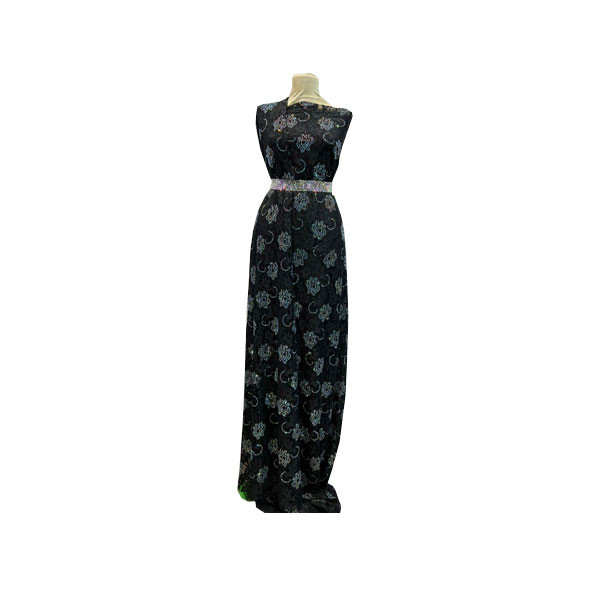 Elegant Silk Sleeveless Women Dress Consisted of Black Colored Tunic & Dress with Black Background & Strass Flower Designs Accompanied by Strass Belt