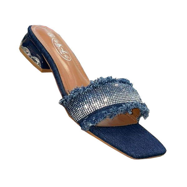 K-Z Wide Band Denim Strass Women's Mules with Wooden Heel Effect Covered with Silver Colored Designs & Blue Denim Fabric