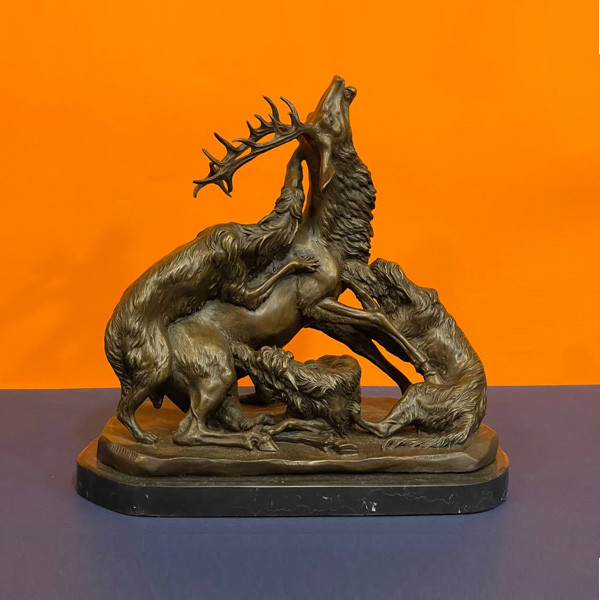 Bronze Sculpture with a Marble Base Representing a Deer Fighting with Wolves