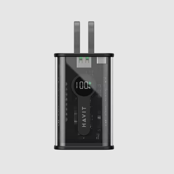 Havit Power Bank 10,000mAh 20W with Built-in Cables USB-C & LTG, Black Color, Model No. PB94