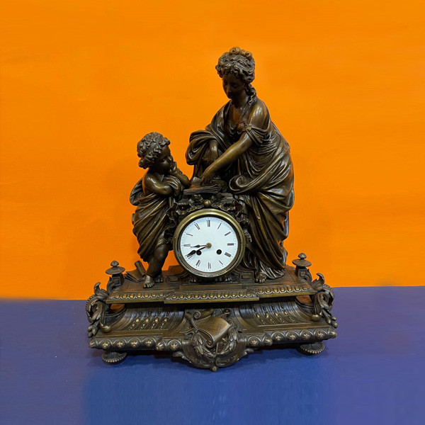 Collectible Bronze Table Clock, Carved with Statuettes (Mother & Son)
