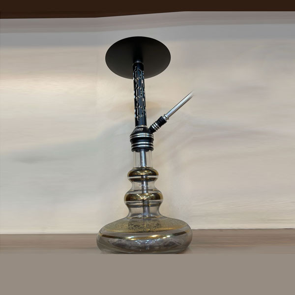 Al Amasi Single Hose Hookah, with Black Metallic Body Full of Shape Hole Designs, Black Metallic Top Tray & Transparent - Golden Colored Glass Base