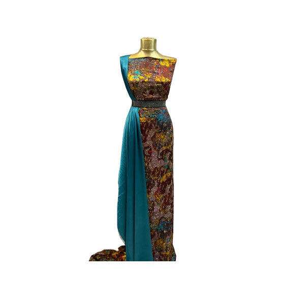 Elegant Silk Sleeveless Women Dress Consisted of Right Full Body Blue Tunic & Multicolor Long Dress in Brown, Gold & Blue Colors with Strass Designs & Belt