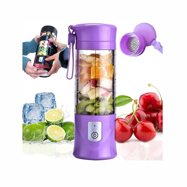 YPCOO Portable USB Travel Juicer Blender with 6 Blades, Powerful Motor 4000mAh, Rechargeable Battery, 13Oz Bottle in Purple Color Model No. HM-03