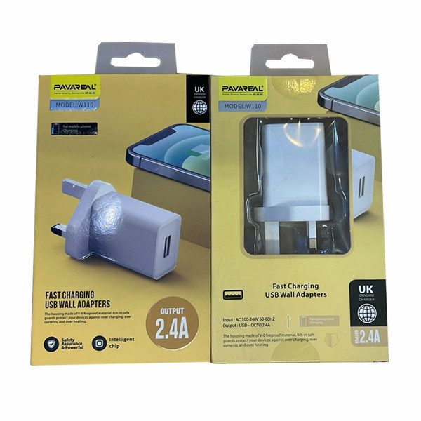 Pavareal Charger 2.4A Dual Output, USB Travel Charger, Adapter UK Plug Model No. W110