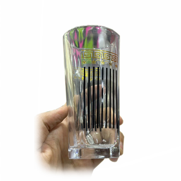 Set of 12 Tall Size Water Glasses with Black Vertical Thin Lines & Golden Meandros Logos + Golden Human Figures Designs