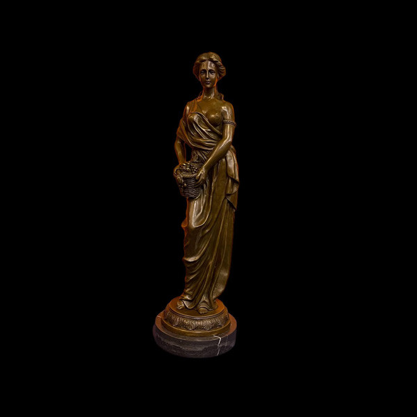 Bronze Sculpture of an Ancient Woman Holding a Basket with a Round Marble Base