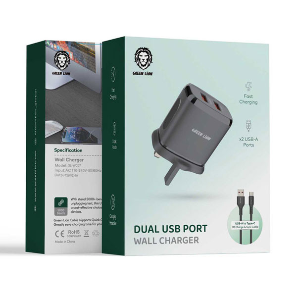 Green Lion 40W DUAL PD Wall Charger, Black Color, UK Type, Model No. GL-WC08