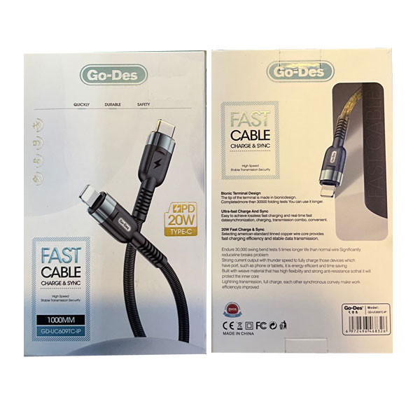 Go-Des Charging Nylon Braided Aluminum Alloy USB Cable, USB Type-C to Lightning, 20W, Black Color Model No. GD-UC609TC-IP