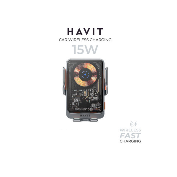 Havit 15W Wireless Charging Mobile Car Holder, Black & Silver Color, Model No. W3033