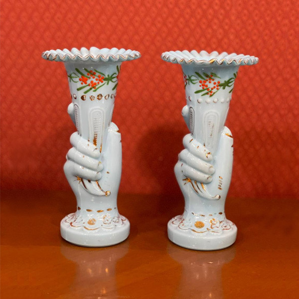 2 Antique Chinese Hand Painted Vases White Colored with Shape of a Hand as Base and Painted Flowers at the Top